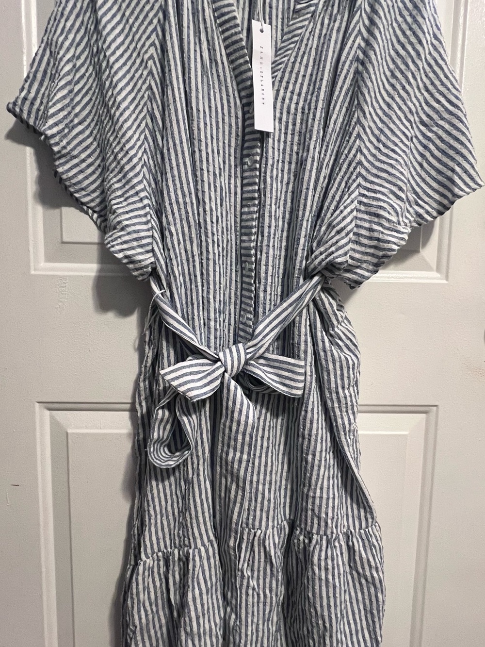 Jane + Delancey Blue & White Belted Button Down Striped Dress